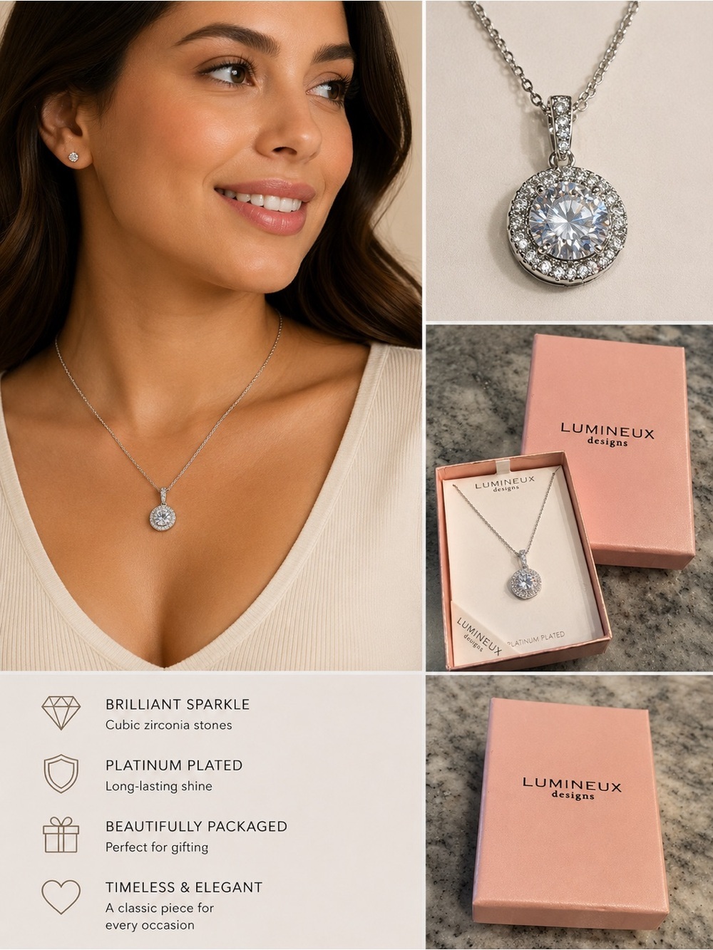 Luminuex Platinum-Plated Silver Halo Necklace with Cubic Zirconia